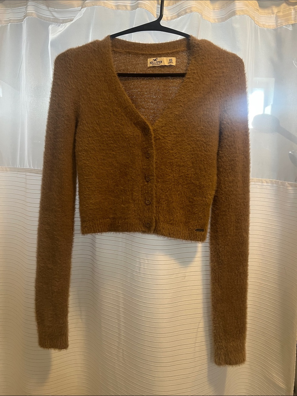 Hollister Women's Chestnut Brown Fuzzy V-Neck Button Cardigan